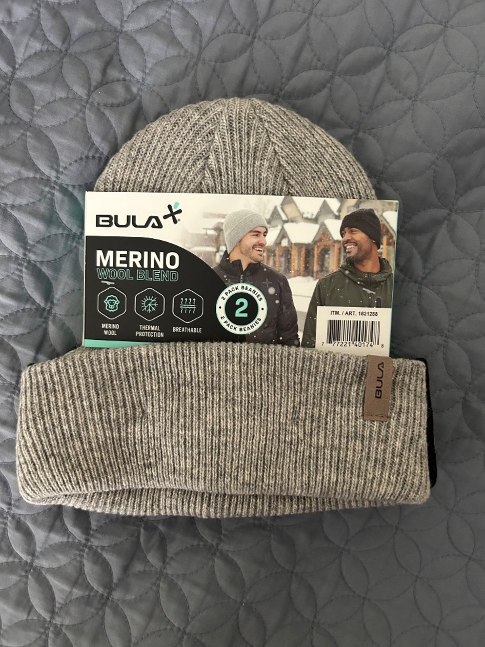 Bula Unisex Merino Wool Blend Beanies 2-Pack, Black/Gray,OS - Picture 2 of 2